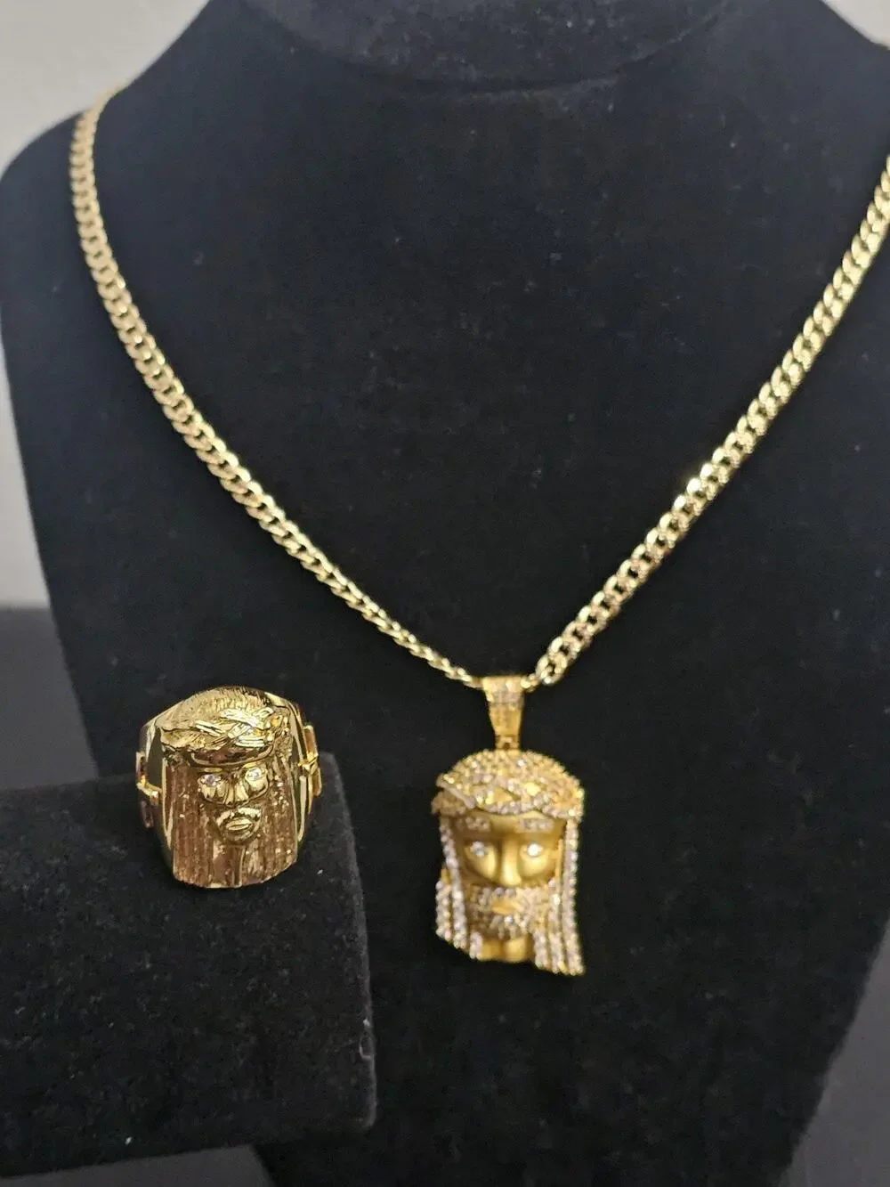 Combo24in 14k Gold-Plated brass-4mm Cuban chain wCZs Jesus facePendant and7 ring